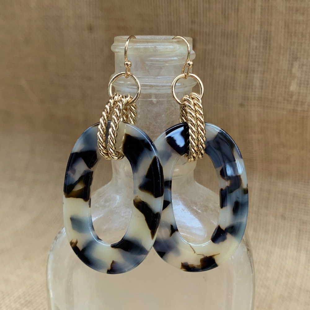 NEW Tortoise Shell resin dangle earrings with gold metal accents